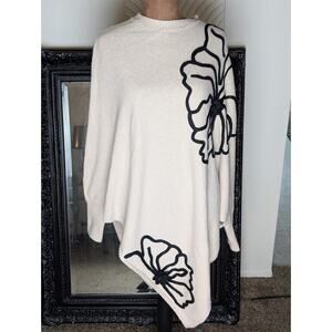 “Oversized Poncho Sweater Women’s Boho Asymmetrical Hem Beige Knit Floral...
